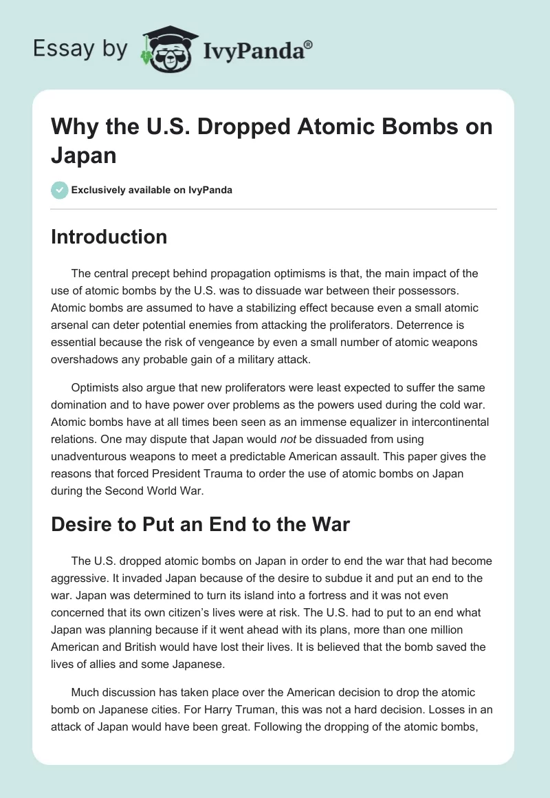 Why the U.S. Dropped Atomic Bombs on Japan. Page 1