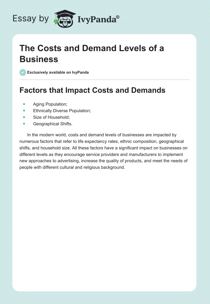 The Costs and Demand Levels of a Business. Page 1