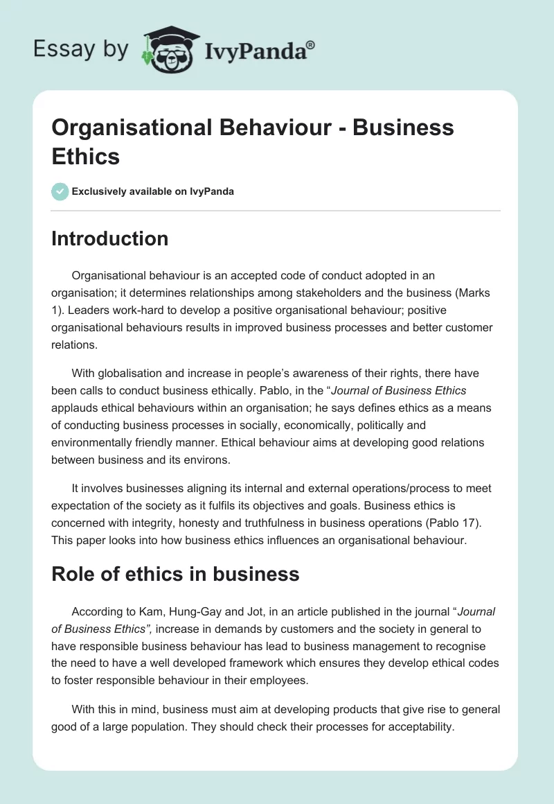 Organisational Behaviour - Business Ethics. Page 1