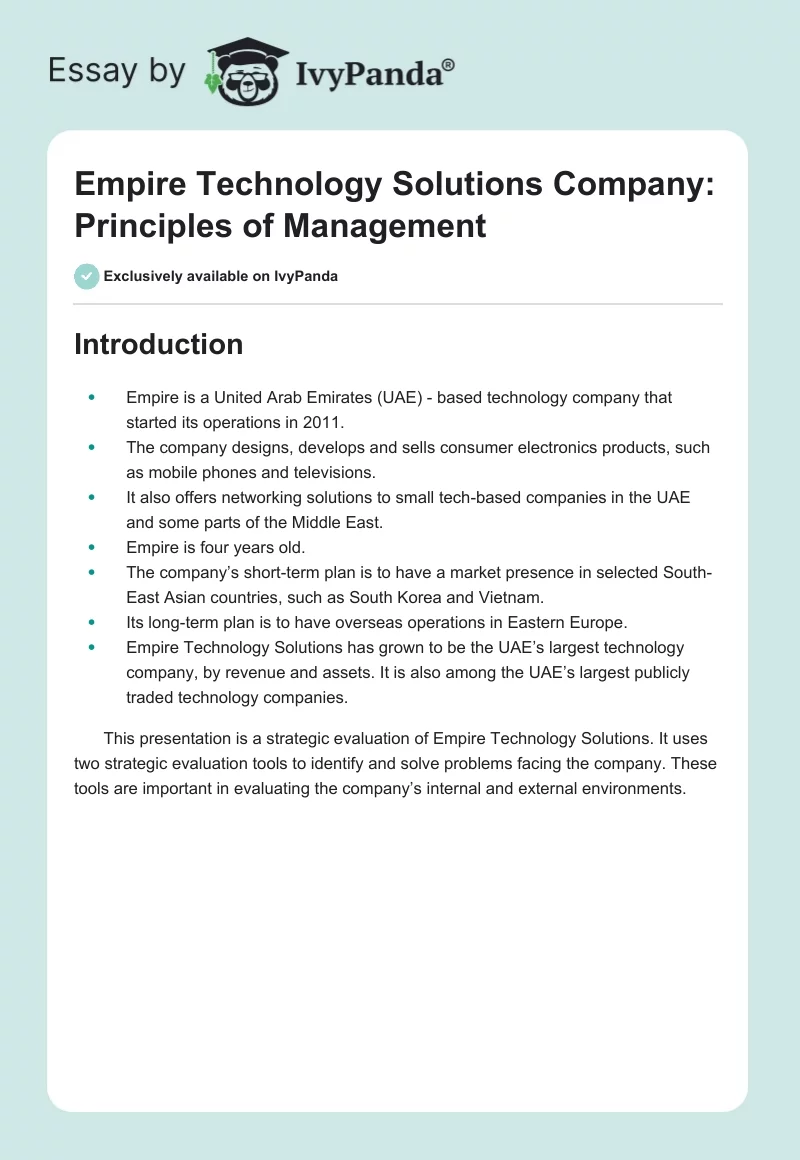 Empire Technology Solutions Company: Principles of Management. Page 1