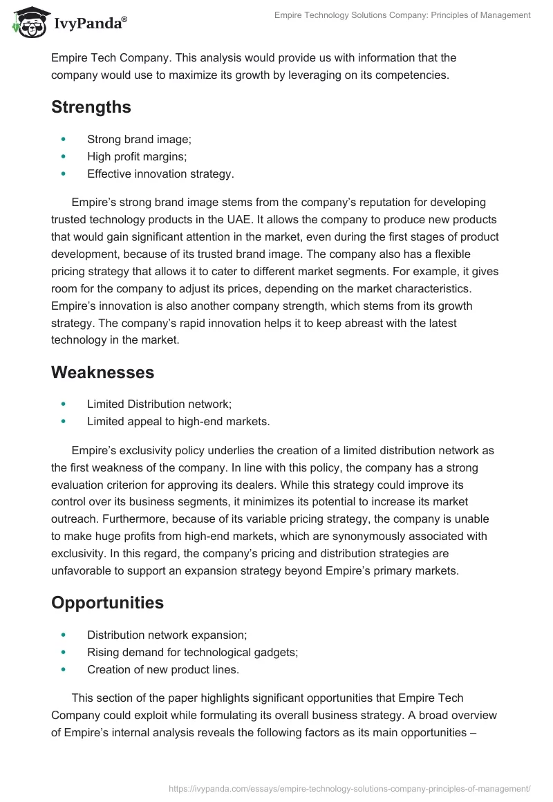 Empire Technology Solutions Company: Principles of Management. Page 4
