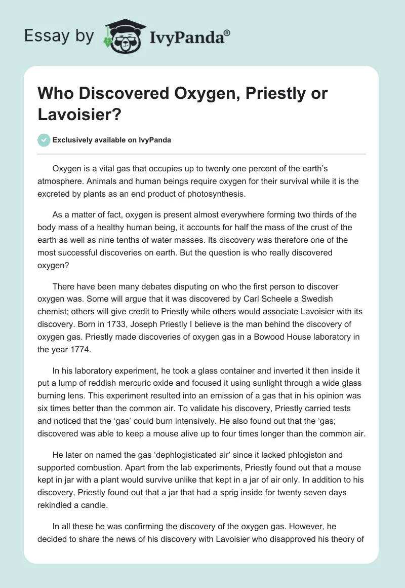 Who Discovered Oxygen, Priestly or Lavoisier?. Page 1