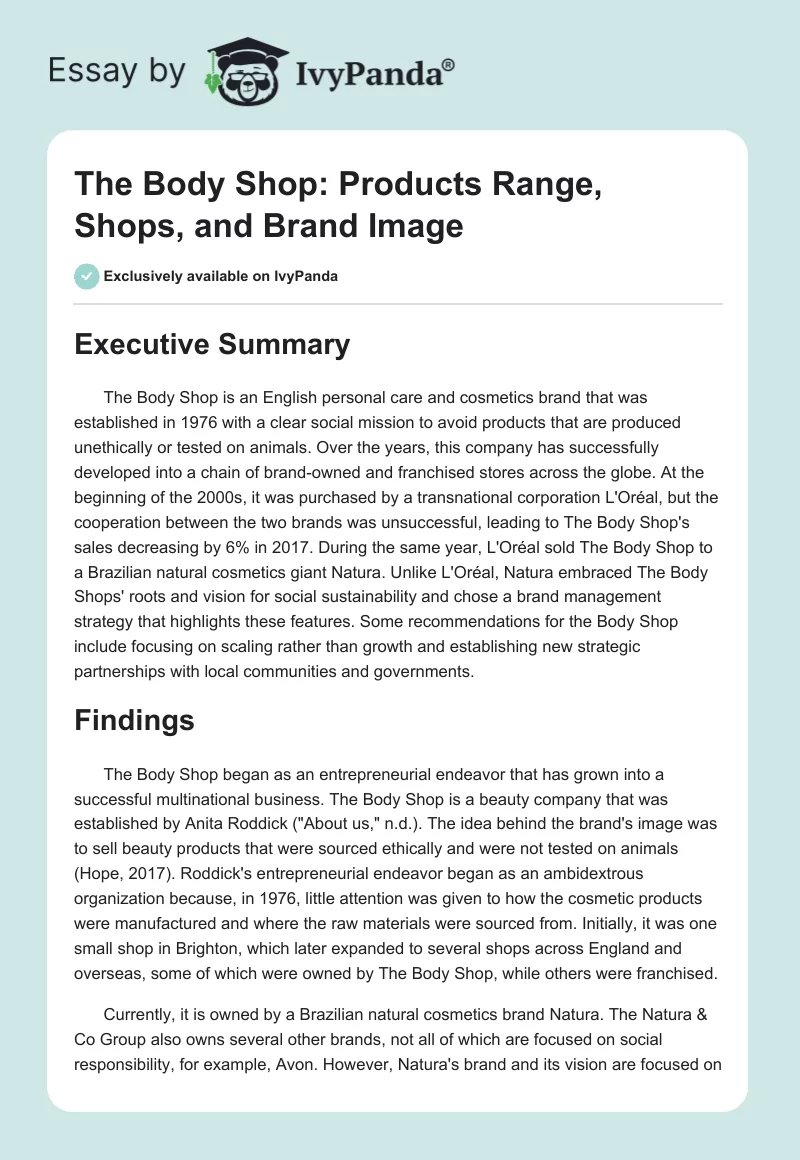 The Body Shop: Products Range, Shops, and Brand Image. Page 1