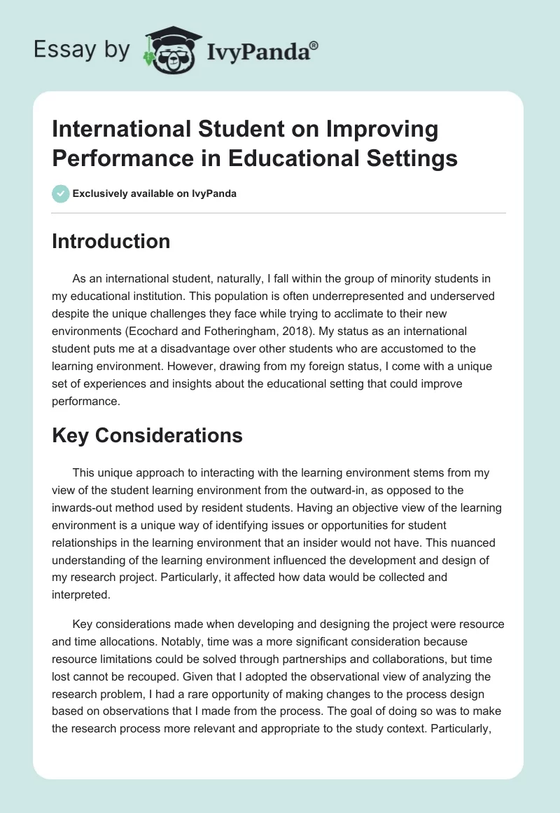 International Student on Improving Performance in Educational Settings. Page 1