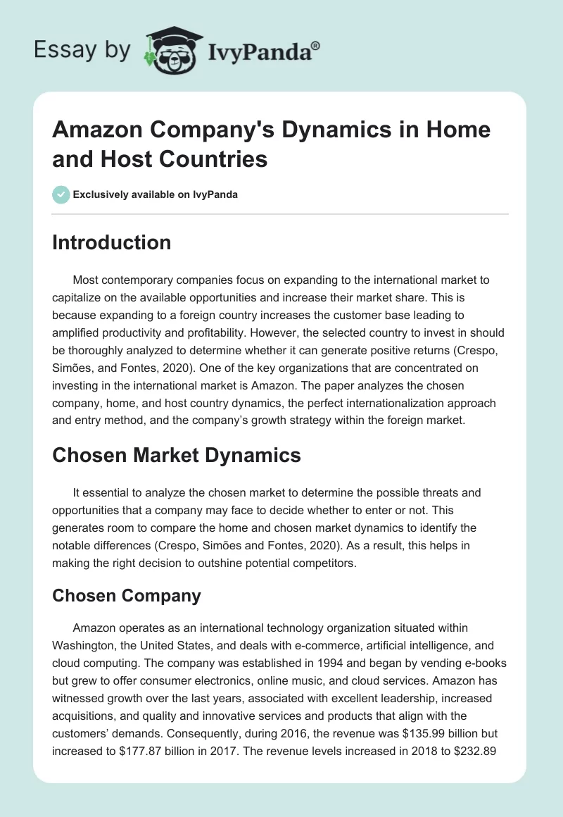 Amazon Company's Dynamics in Home and Host Countries. Page 1