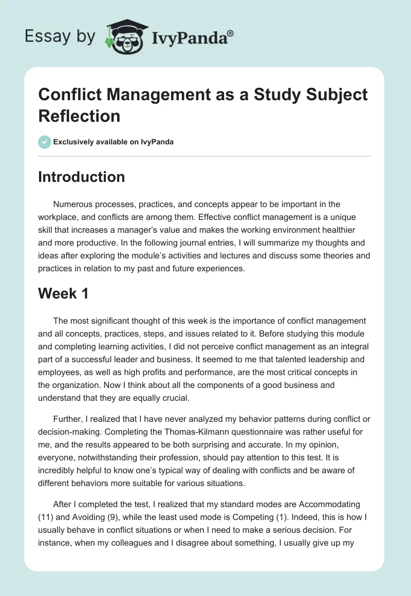 Conflict Management as a Study Subject Reflection. Page 1