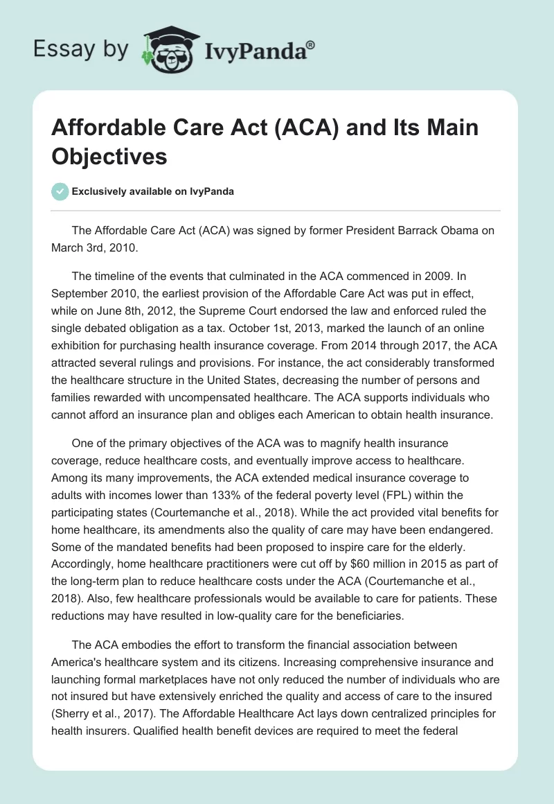 Affordable Care Act (ACA) and Its Main Objectives. Page 1
