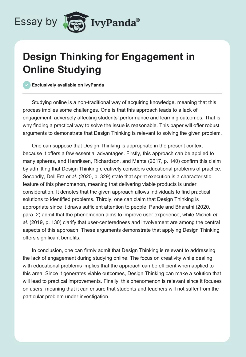 Design Thinking for Engagement in Online Studying. Page 1