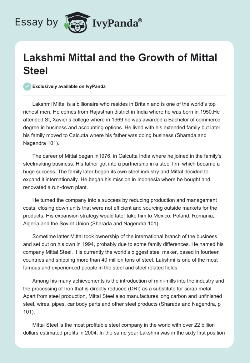 Lakshmi Mittal and the Growth of Mittal Steel. Page 1