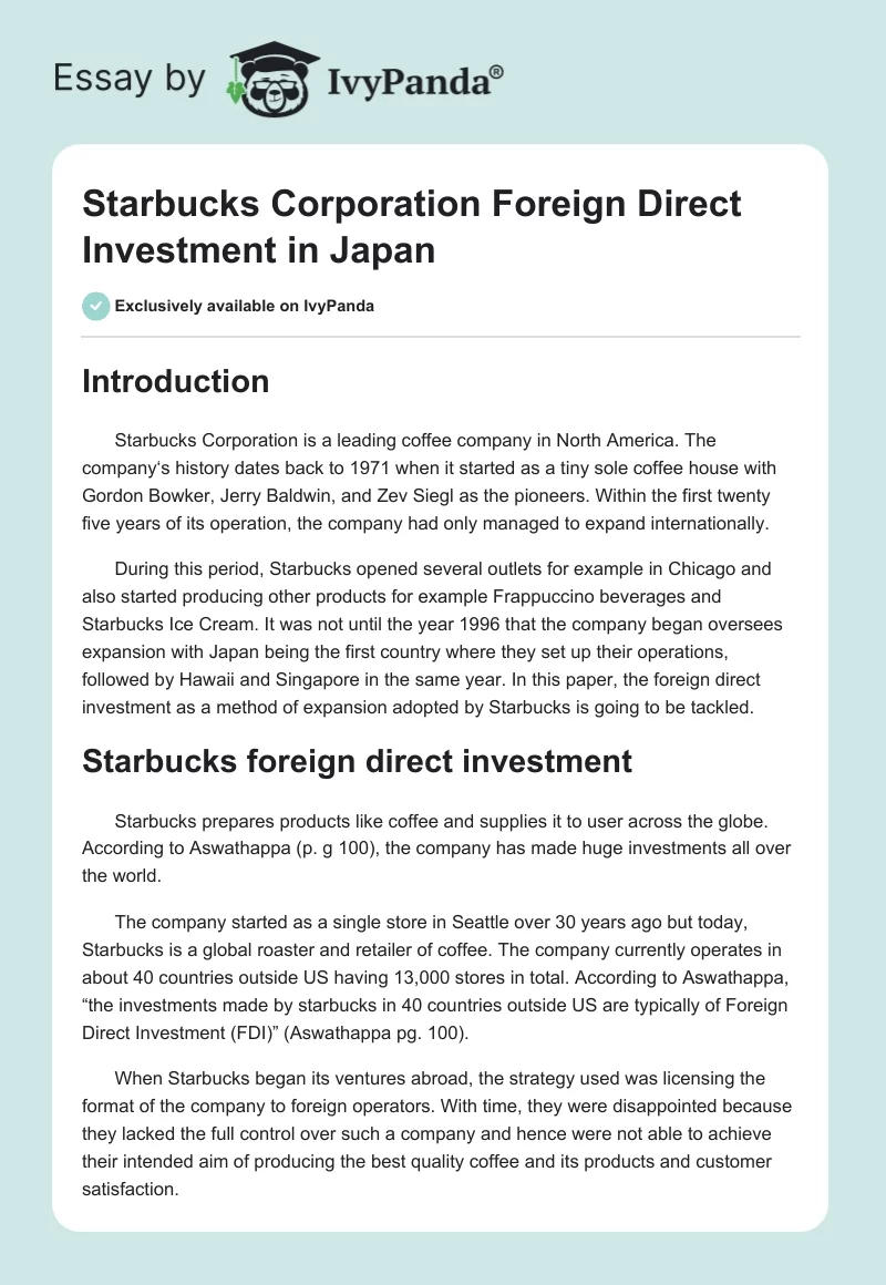 Starbucks Corporation Foreign Direct Investment in Japan. Page 1