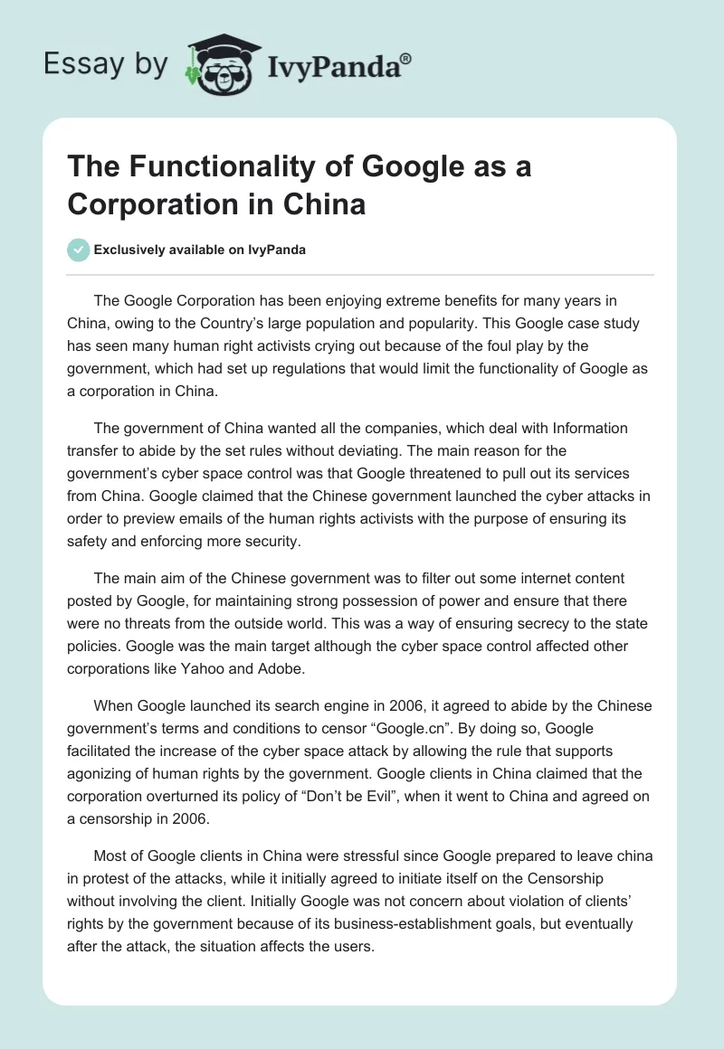 The Functionality of Google as a Corporation in China. Page 1