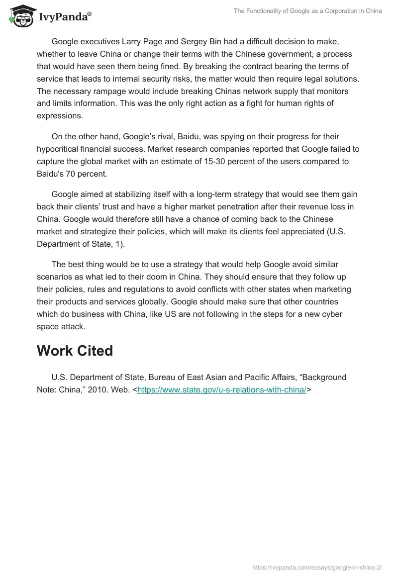 The Functionality of Google as a Corporation in China. Page 2