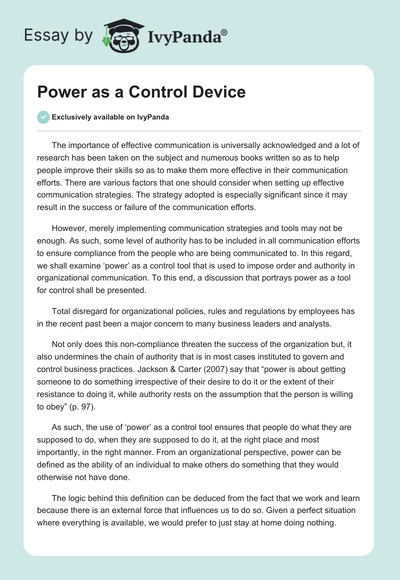 Power as a Control Device. Page 1