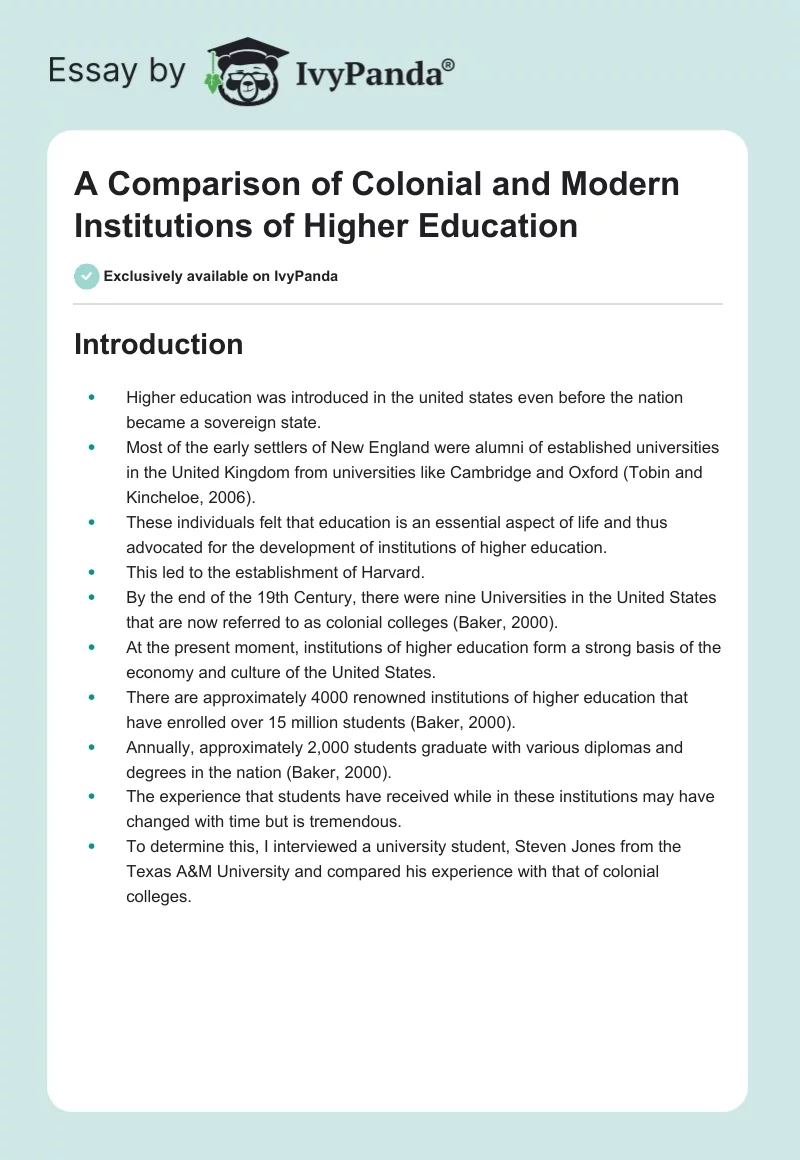 A Comparison of Colonial and Modern Institutions of Higher Education. Page 1