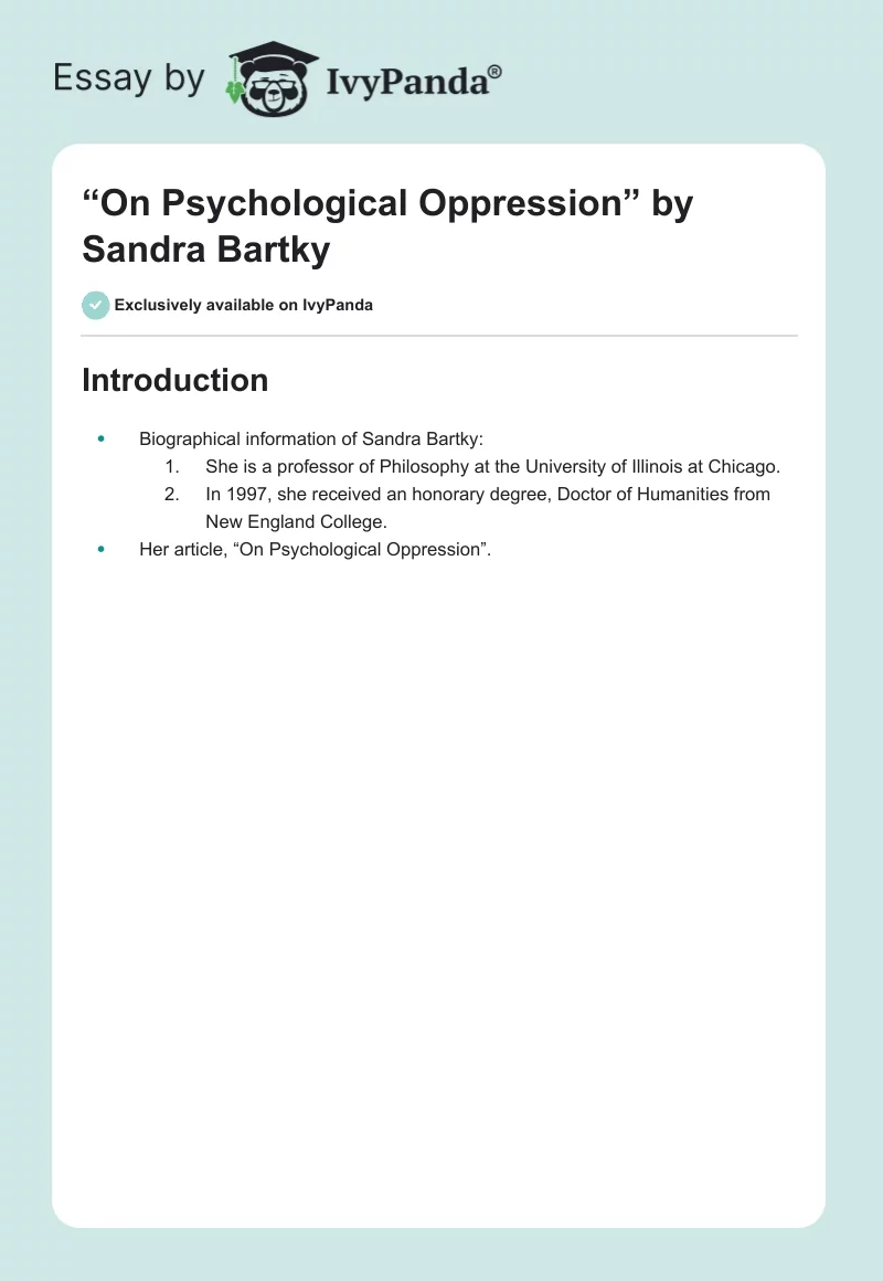 “On Psychological Oppression” by Sandra Bartky. Page 1