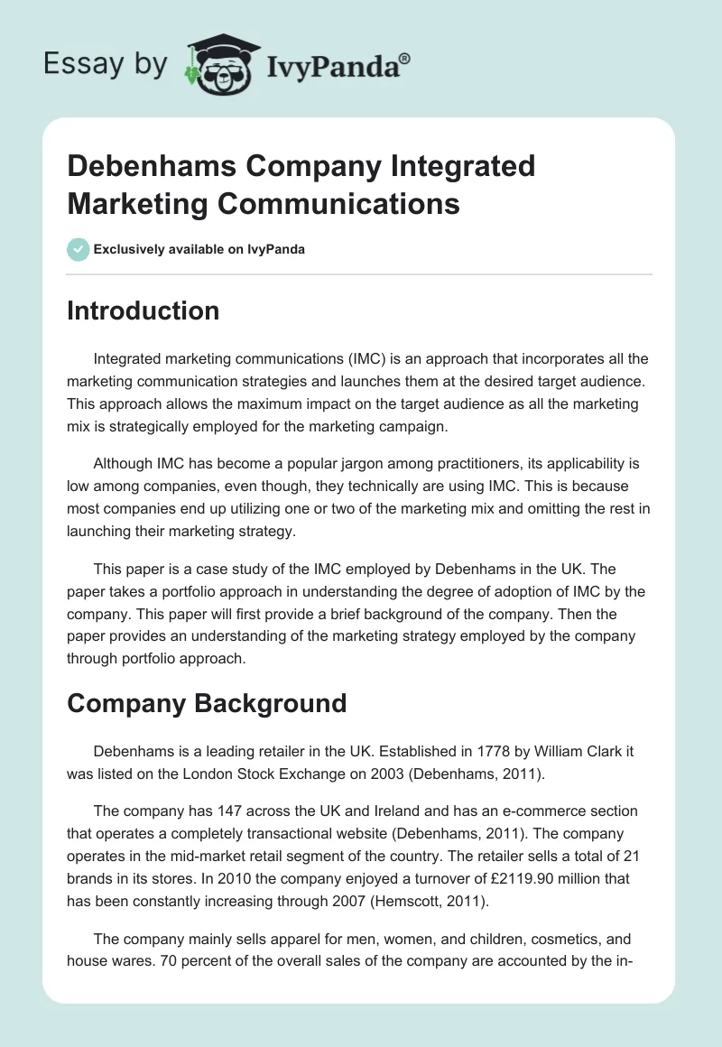 Debenhams Company Integrated Marketing Communications - 1635 Words