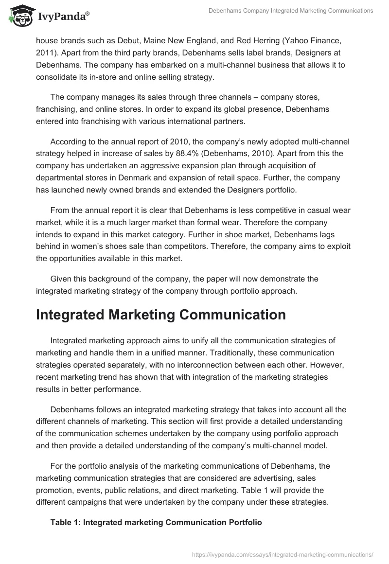 Debenhams Company Integrated Marketing Communications. Page 2