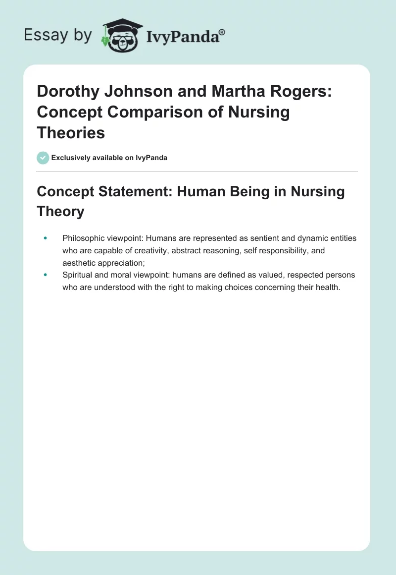 Dorothy Johnson and Martha Rogers: Concept Comparison of Nursing Theories. Page 1