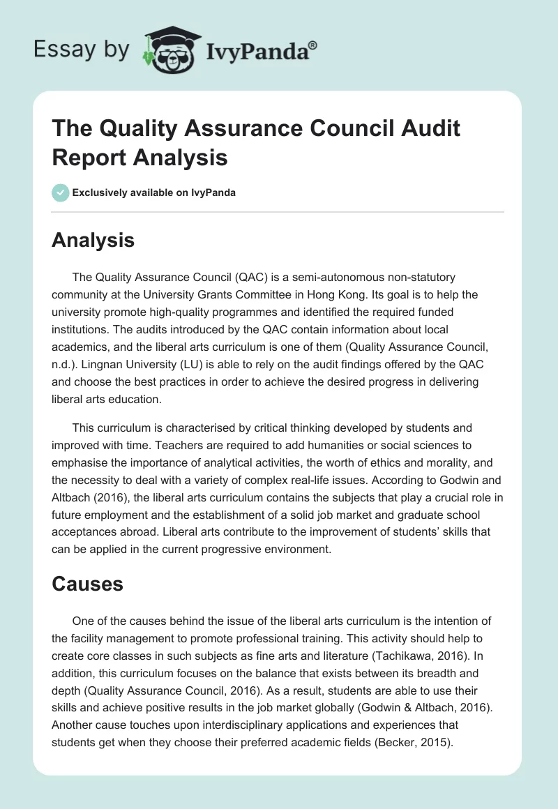 The Quality Assurance Council Audit Report Analysis. Page 1