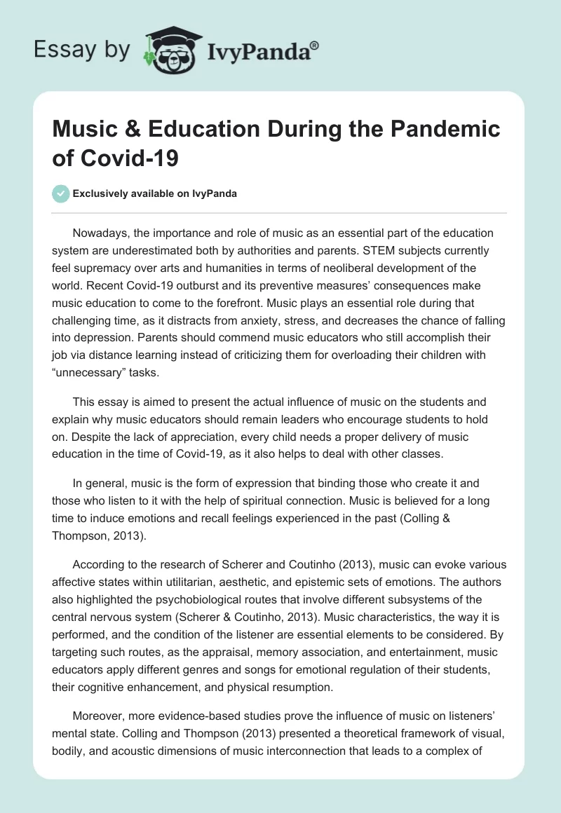 Music & Education During the Pandemic of Covid-19. Page 1
