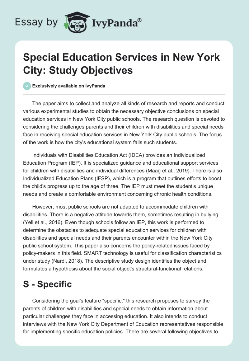 Special Education Services in New York City: Study Objectives. Page 1