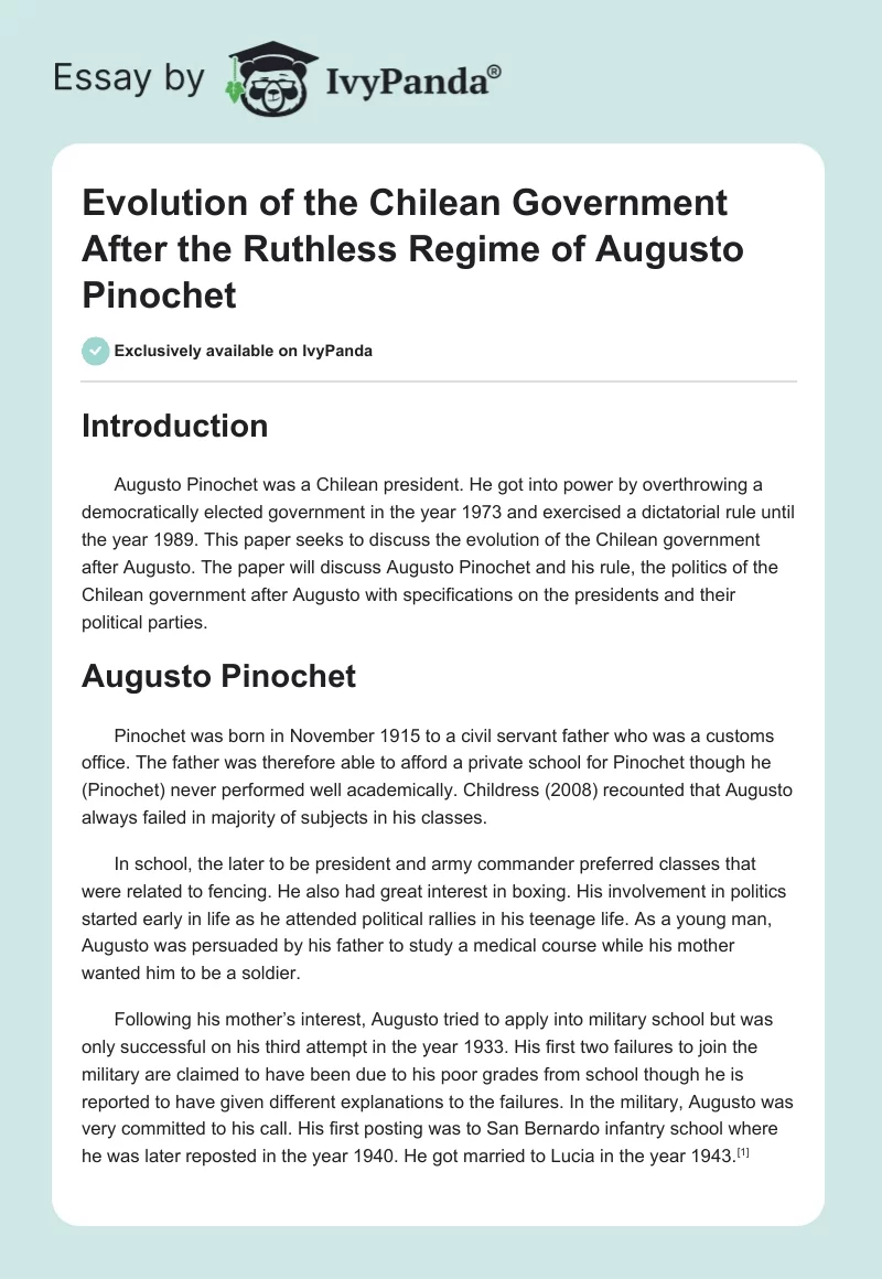 Evolution of the Chilean Government After the Ruthless Regime of Augusto Pinochet. Page 1