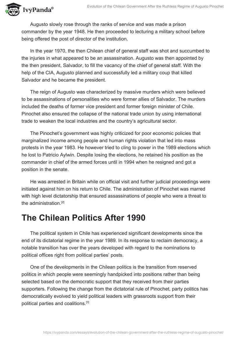 Evolution of the Chilean Government After the Ruthless Regime of Augusto Pinochet. Page 2