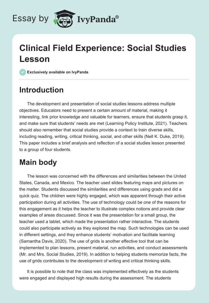 Clinical Field Experience: Social Studies Lesson. Page 1