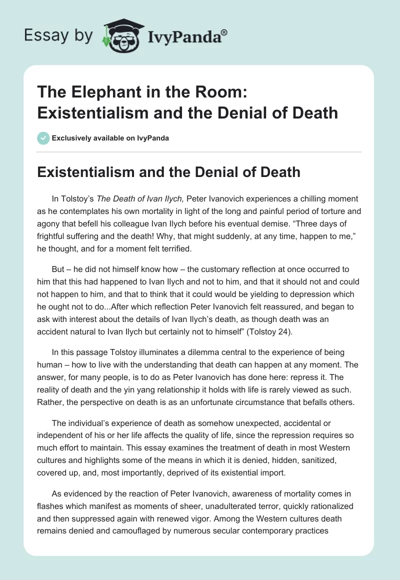 The Elephant in the Room: Existentialism and the Denial of Death. Page 1