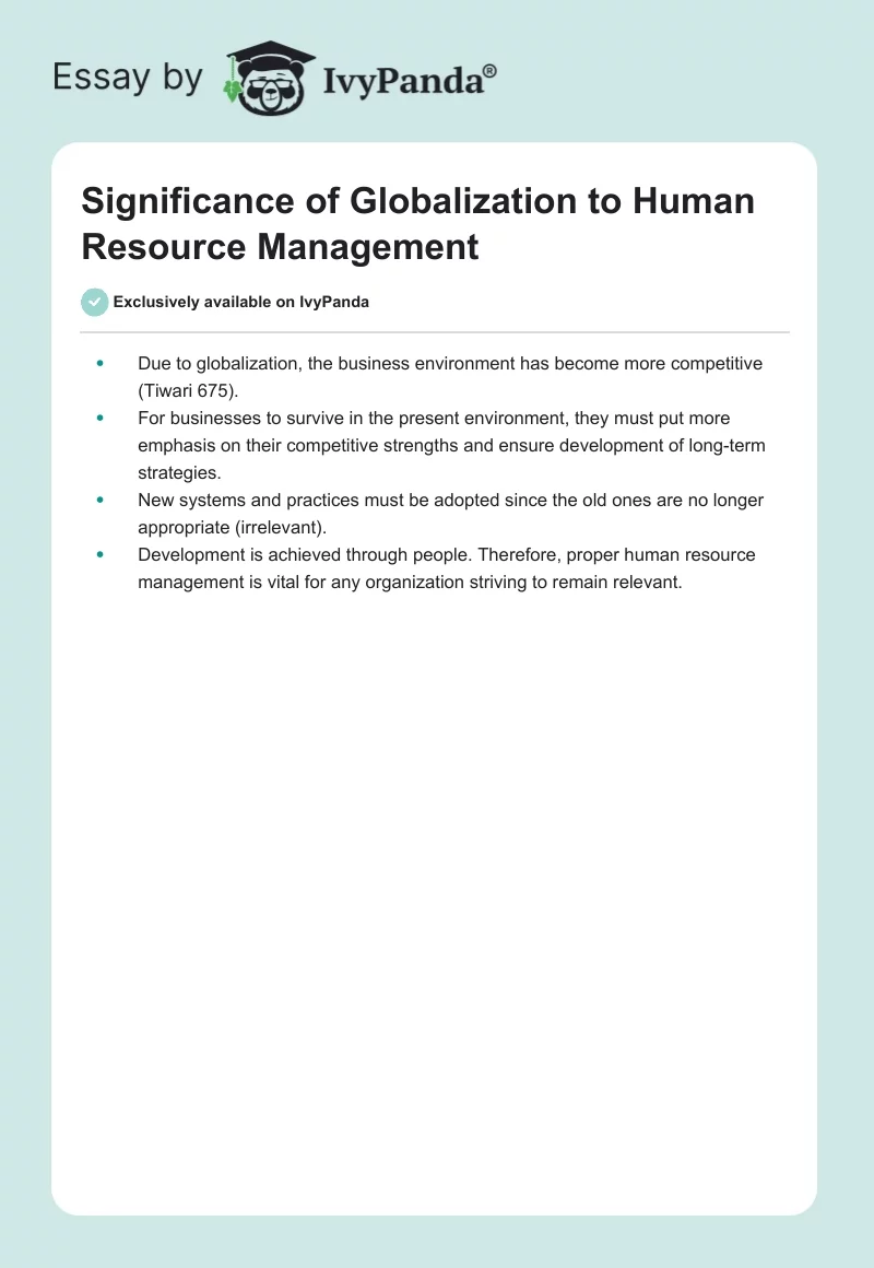 Significance of Globalization to Human Resource Management. Page 1