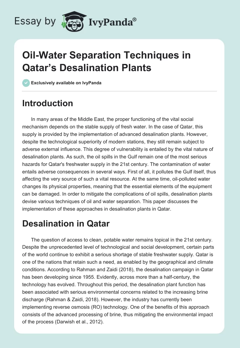 Oil-Water Separation Techniques in Qatar’s Desalination Plants. Page 1