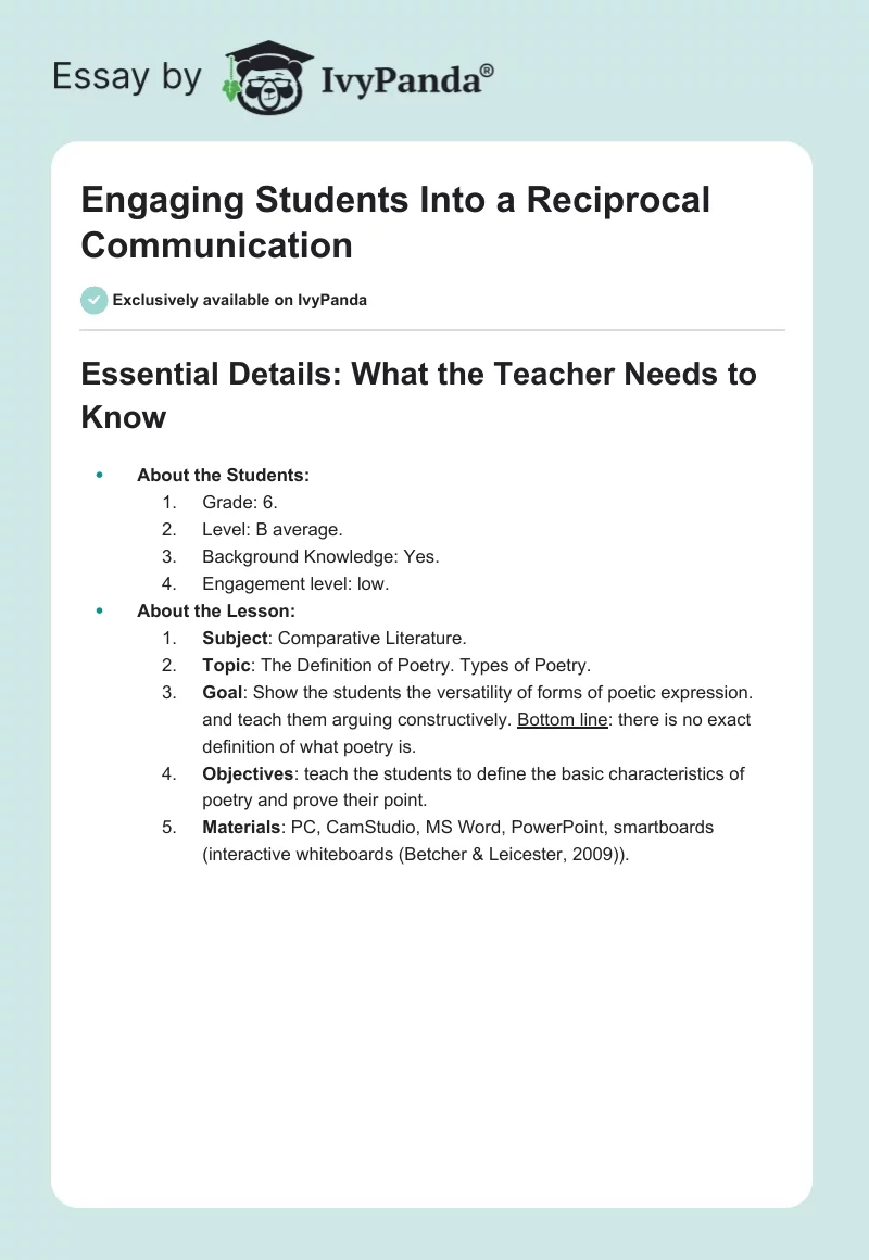 Engaging Students Into a Reciprocal Communication. Page 1