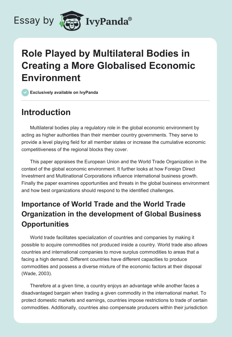 Role Played by Multilateral Bodies in Creating a More Globalised Economic Environment. Page 1