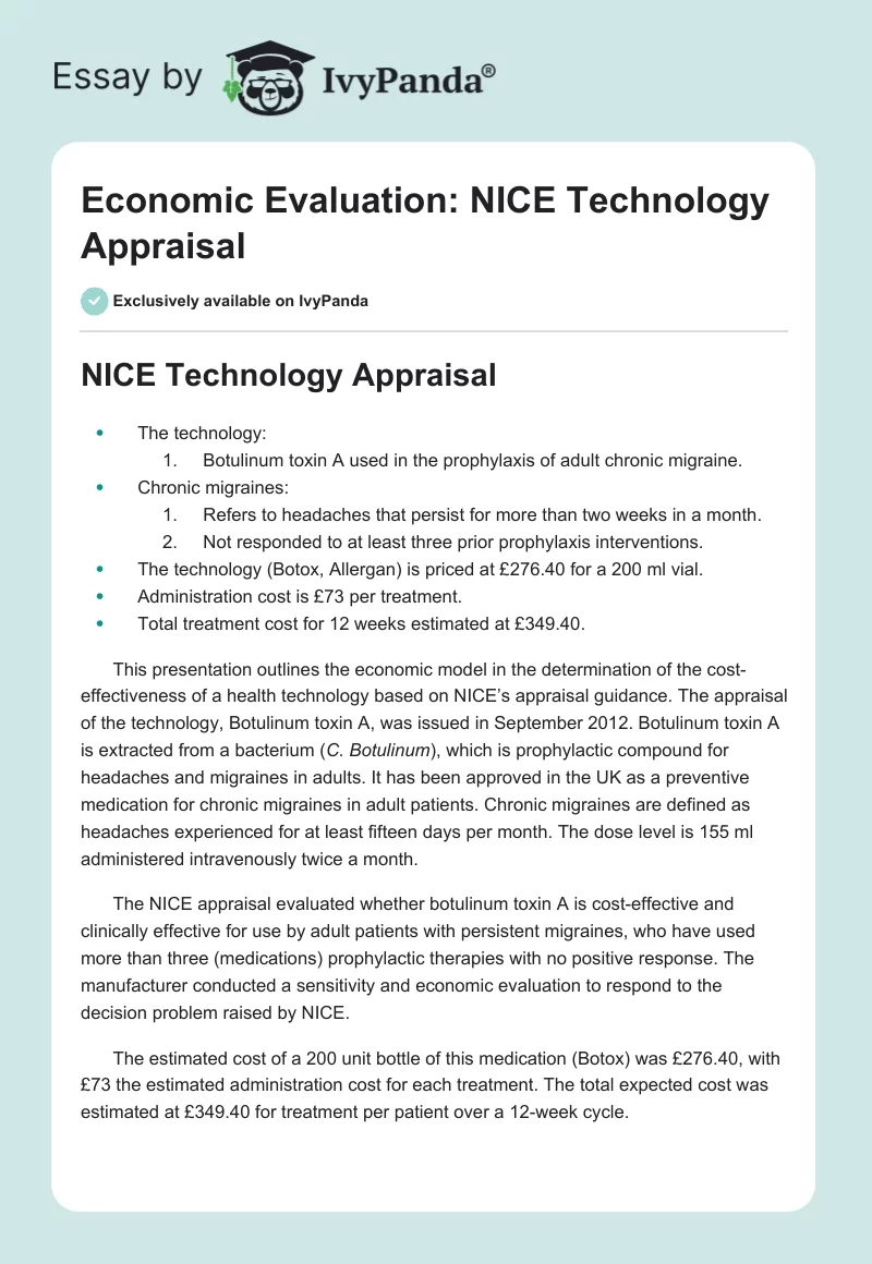 Economic Evaluation: NICE Technology Appraisal. Page 1