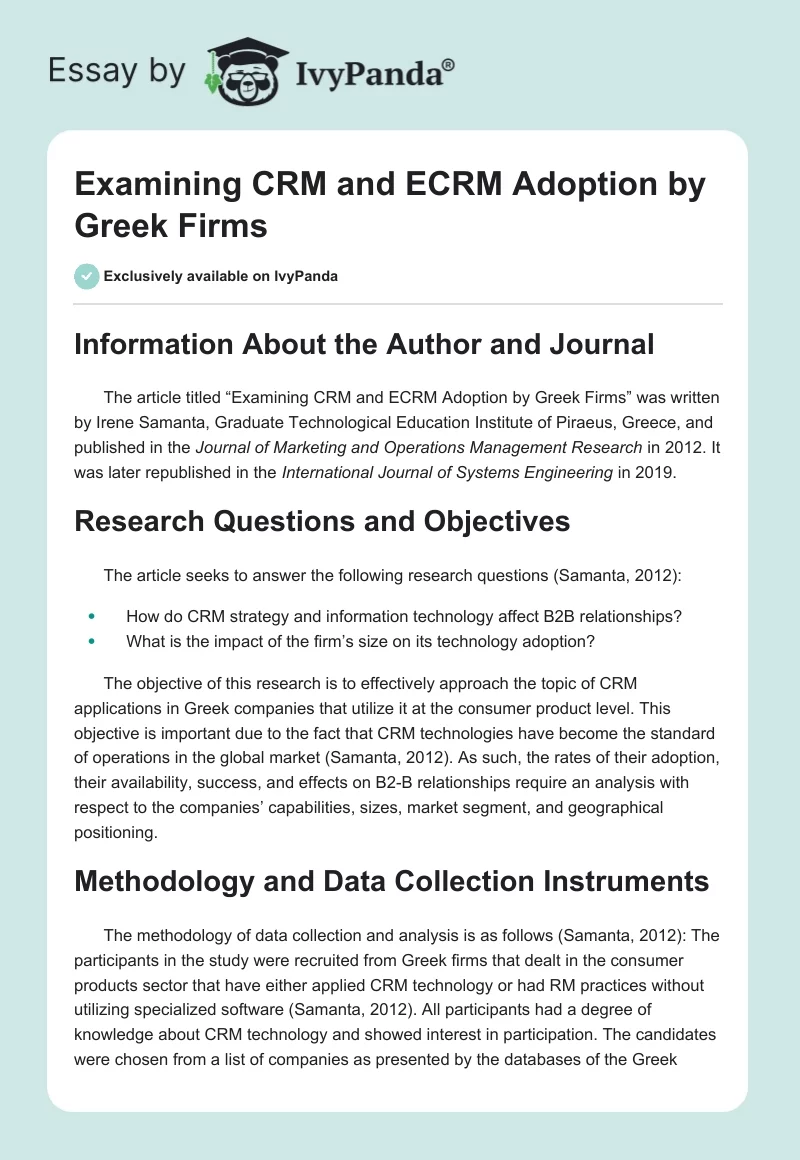 Examining CRM and ECRM Adoption by Greek Firms. Page 1