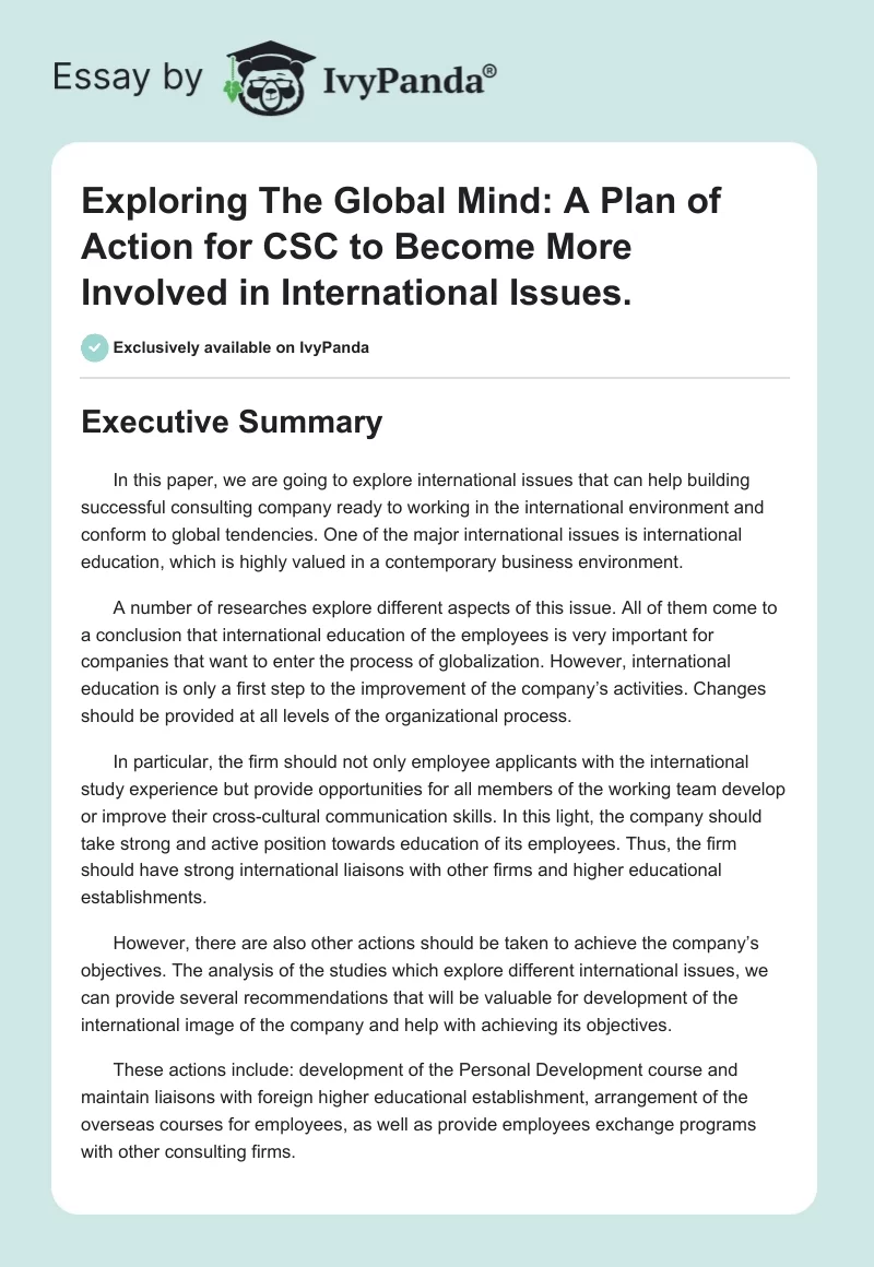 Exploring the Global Mind: A Plan of Action for CSC to Become More Involved in International Issues.. Page 1