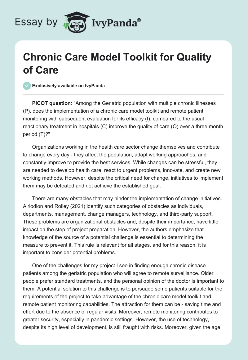 Chronic Care Model Toolkit for Quality of Care. Page 1