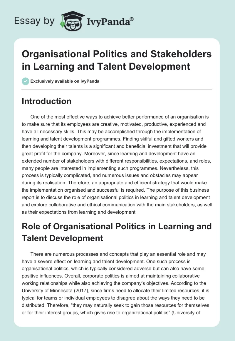 Organisational Politics and Stakeholders in Learning and Talent Development. Page 1