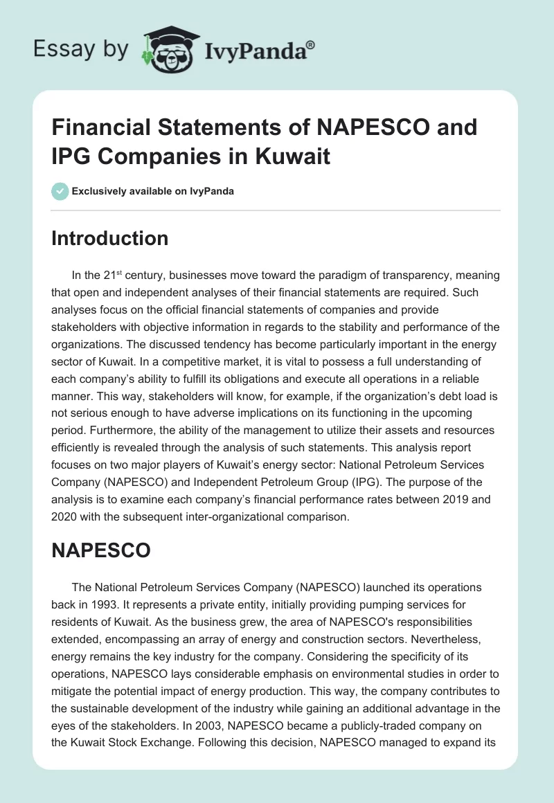 Financial Statements of NAPESCO and IPG Companies in Kuwait. Page 1