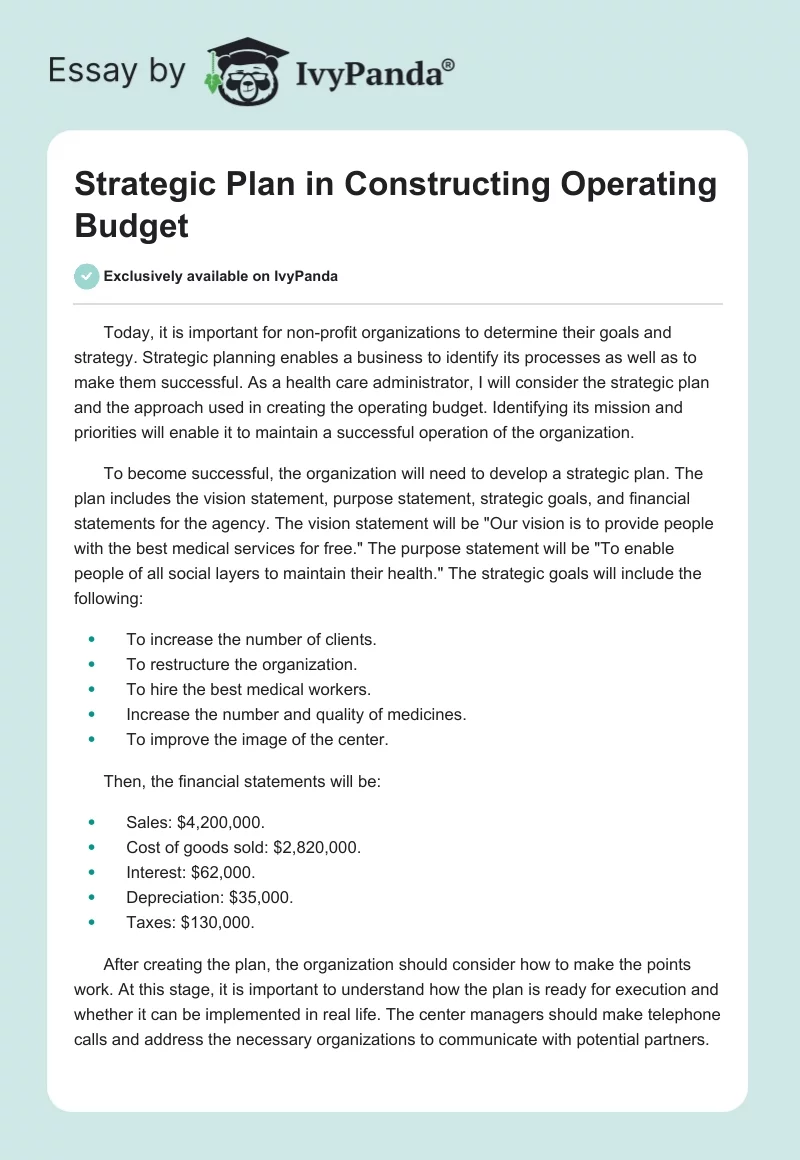 Strategic Plan in Constructing Operating Budget. Page 1