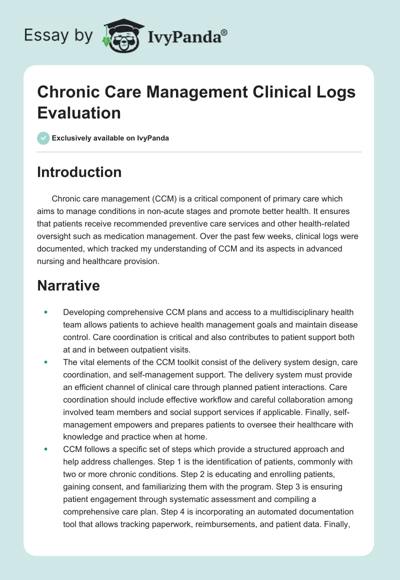 Chronic Care Management Clinical Logs Evaluation. Page 1