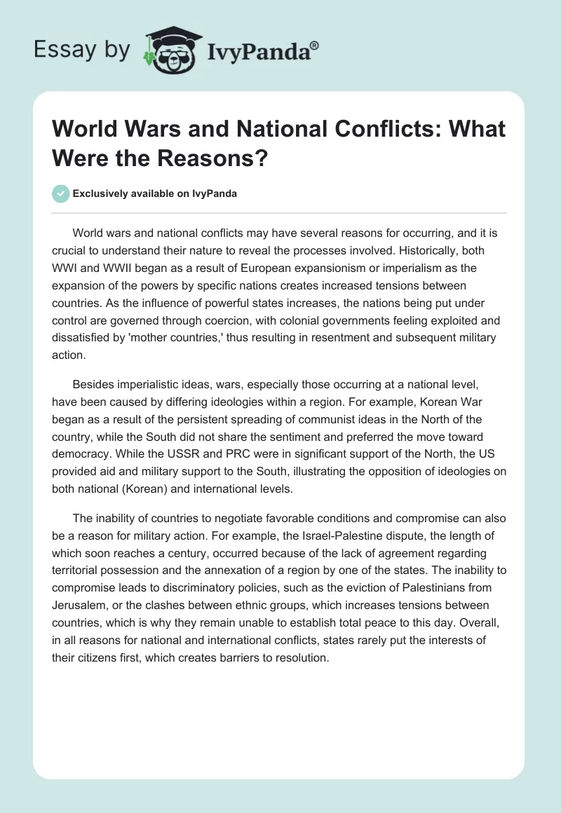 World Wars and National Conflicts: What Were the Reasons?. Page 1