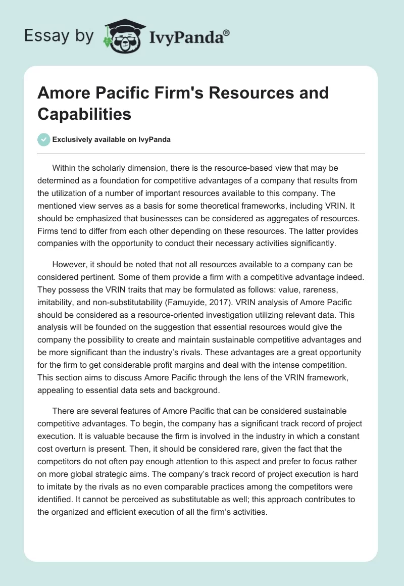 Amore Pacific Firm's Resources and Capabilities. Page 1