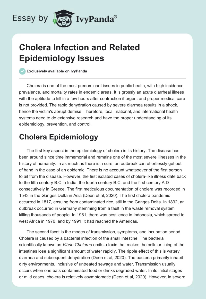 Cholera Infection and Related Epidemiology Issues. Page 1
