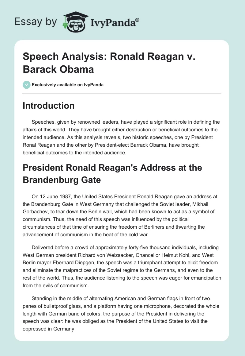 Speech Analysis: Ronald Reagan vs. Barack Obama. Page 1