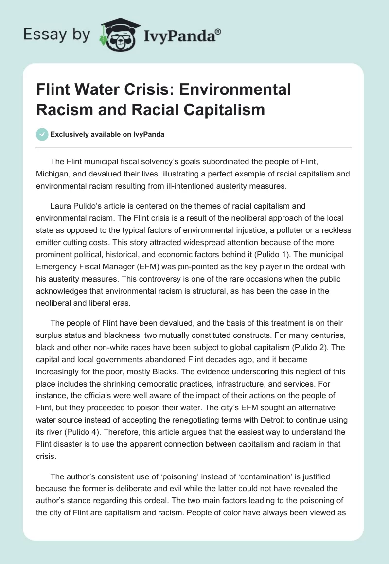 Flint Water Crisis: Environmental Racism and Racial Capitalism. Page 1