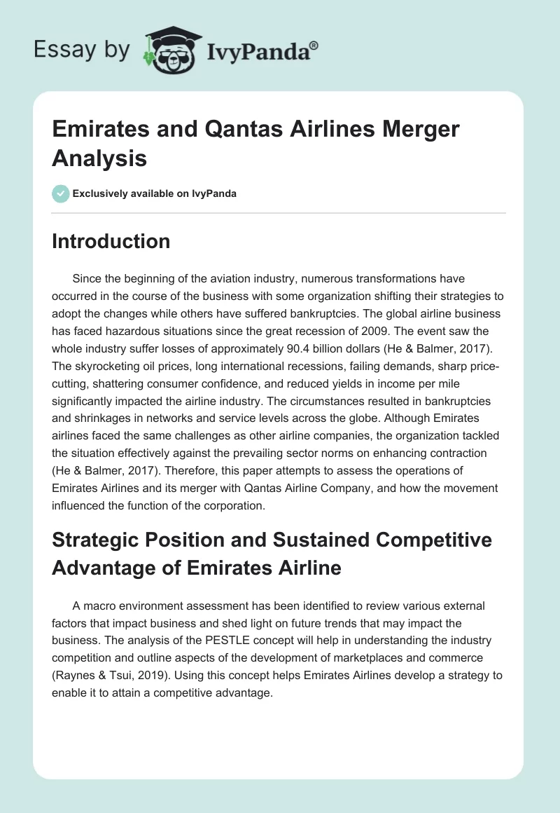 Emirates and Qantas Airlines Merger Analysis. Page 1