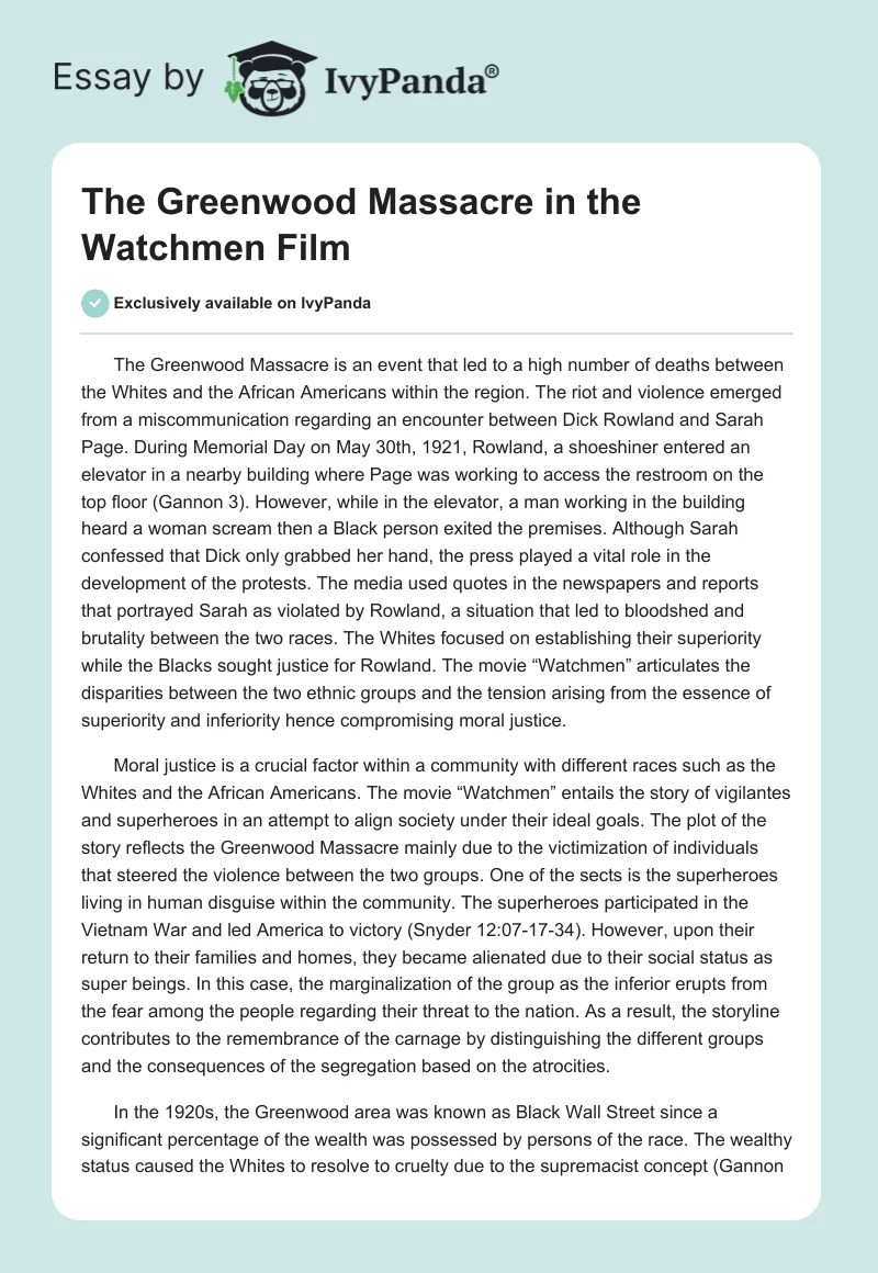 The Greenwood Massacre in the Watchmen Film. Page 1