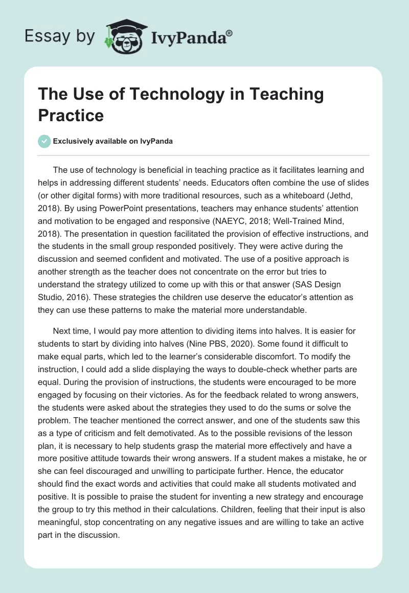 The Use of Technology in Teaching Practice. Page 1