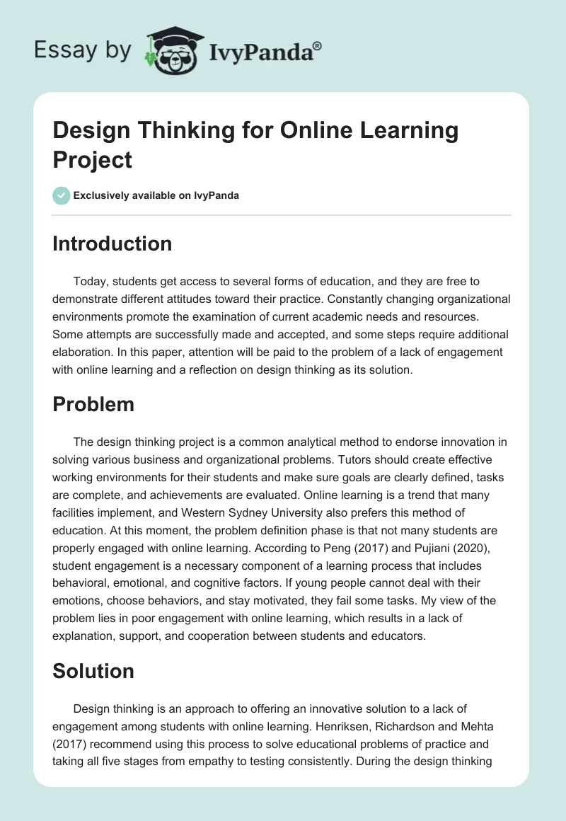 Design Thinking for Online Learning Project. Page 1